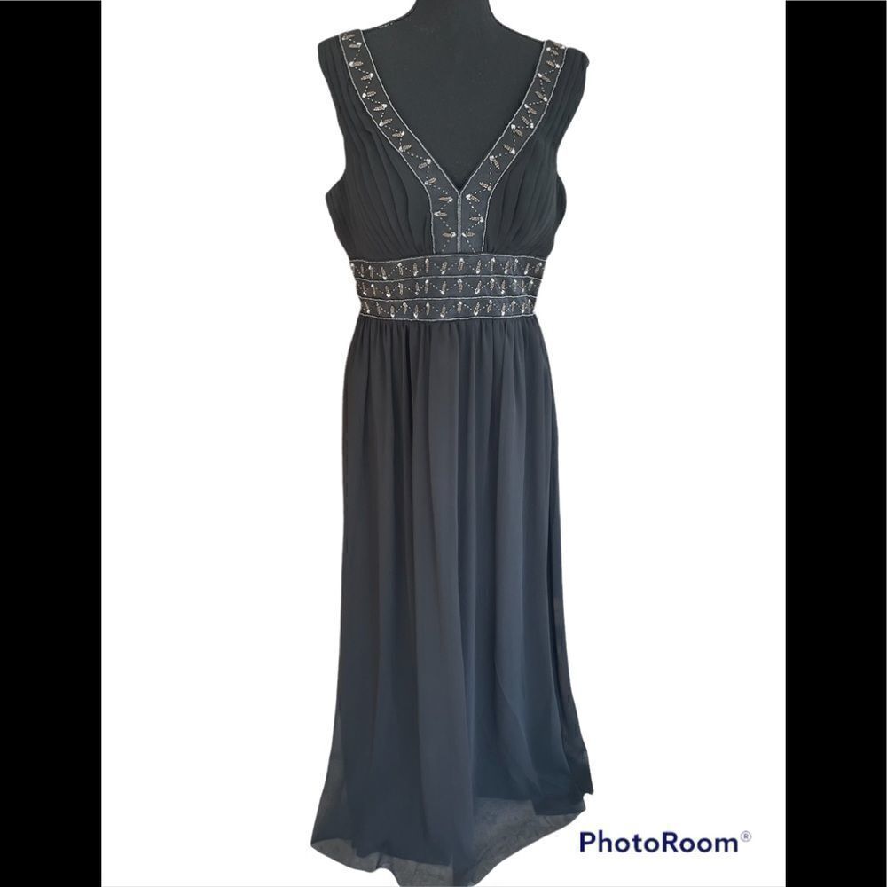 TESS black sleeveless gown with bead and sequin detail, chiffon overlay, sz 10.